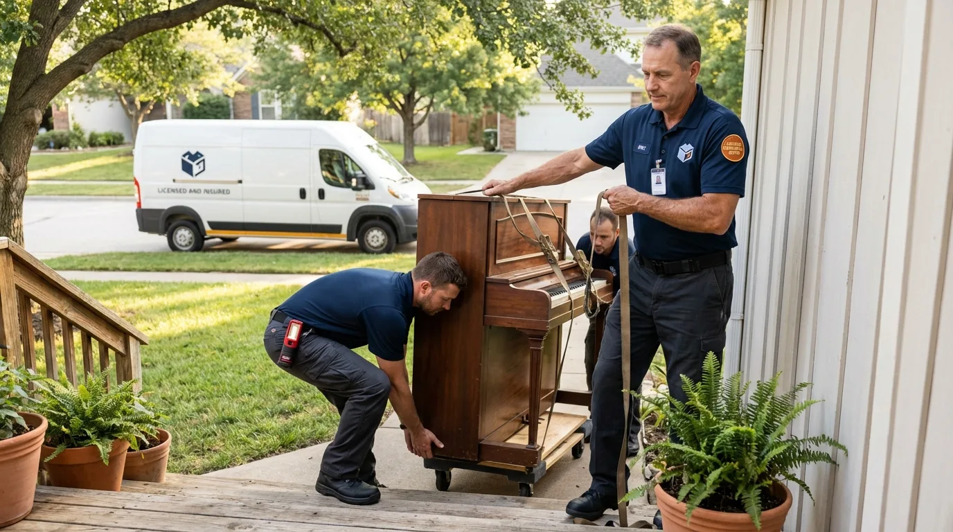 Licensed piano movers securing grand piano in Haworth, NJ