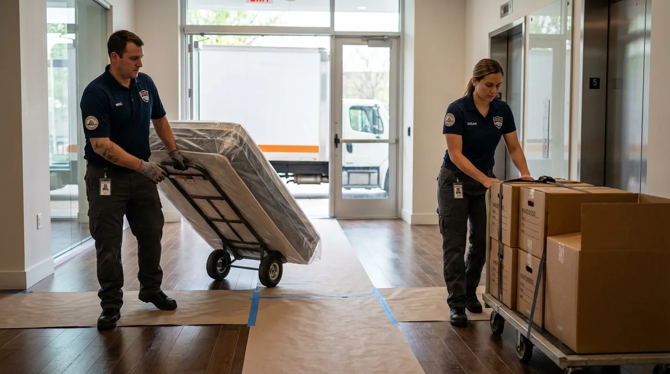 Professional apartment movers loading elevator in Haworth, NJ